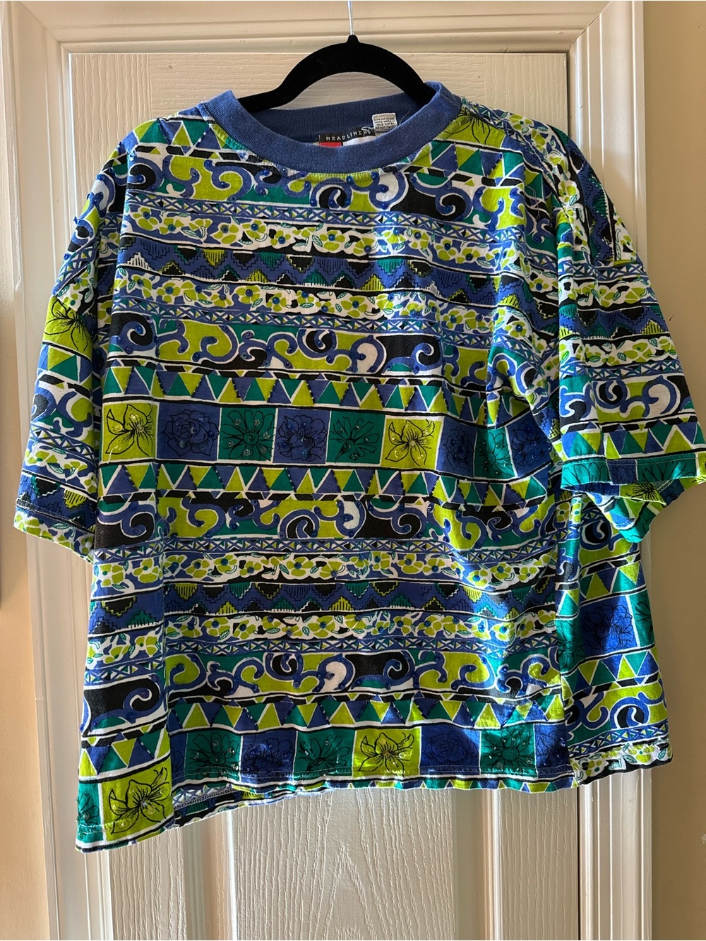 Vibrant Blue & Green Geometric Floral Tee with Sparkles